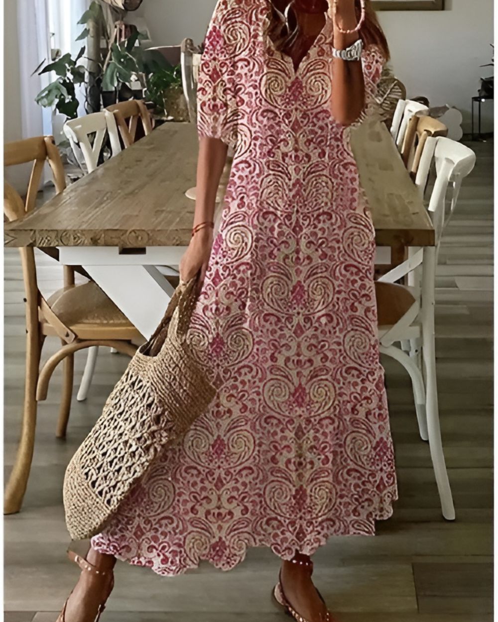 Brittany - Boho Ikat Druck V-Ausschnitt Tiered Maxikleid