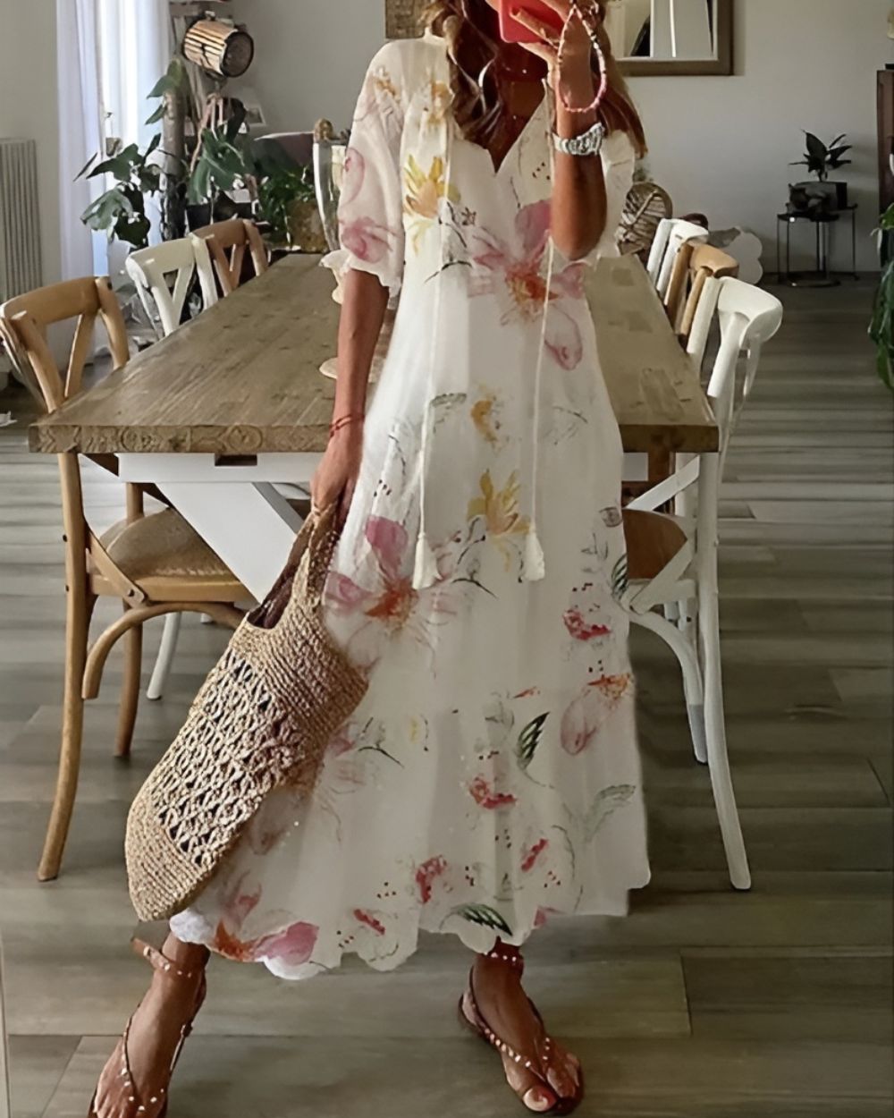 Brittany - Boho Ikat Druck V-Ausschnitt Tiered Maxikleid