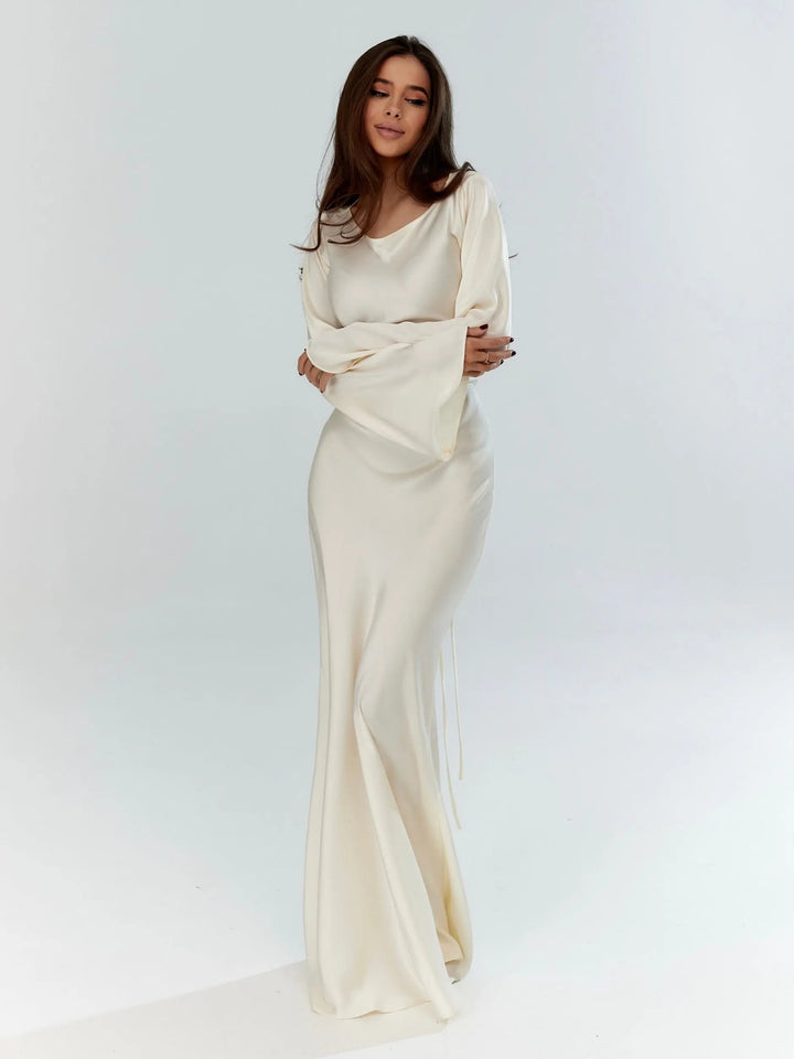 Serena | Damen Satin Langarm Maxikleid Festliches Kleid