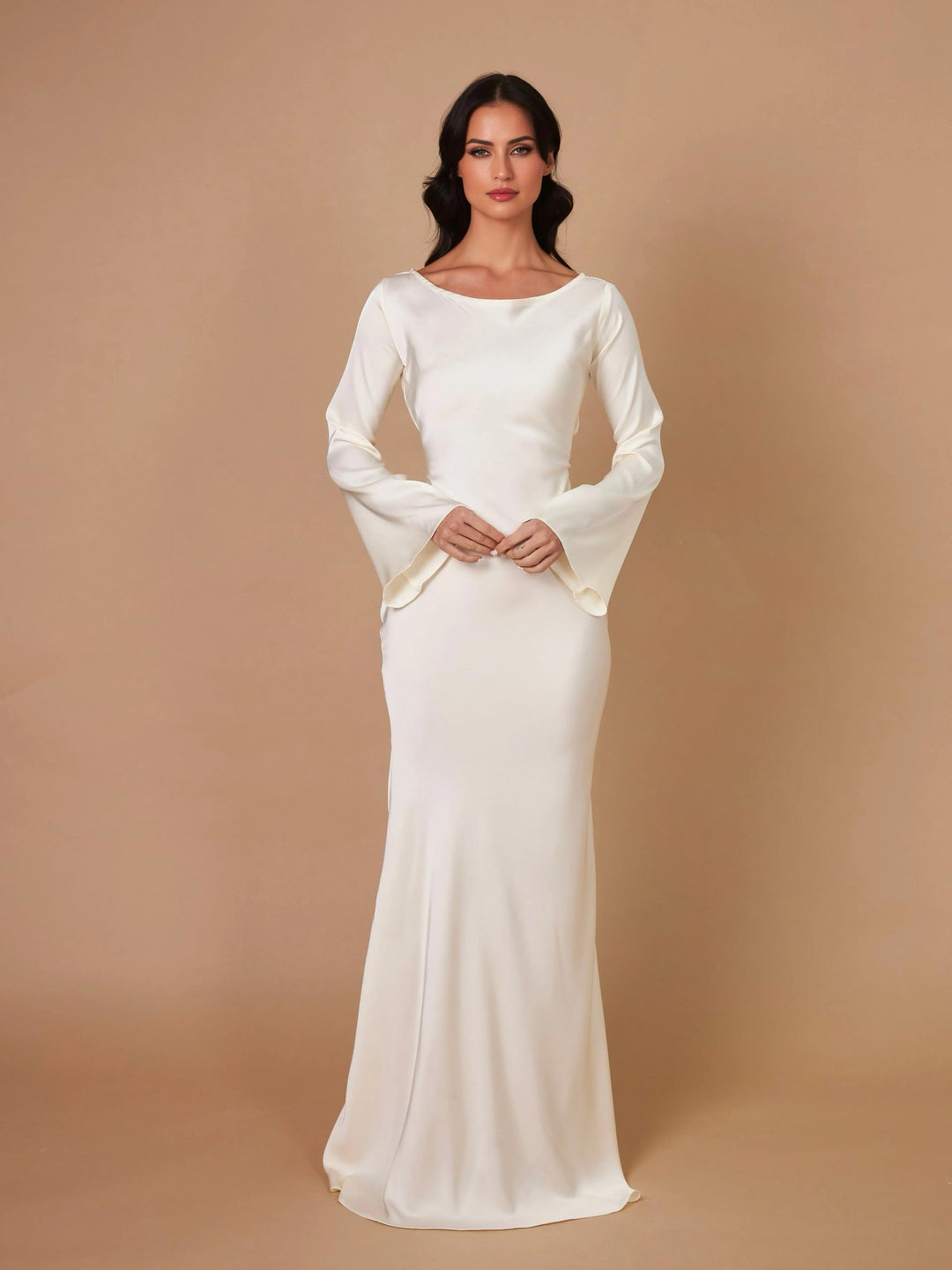 Serena | Damen Satin Langarm Maxikleid Festliches Kleid