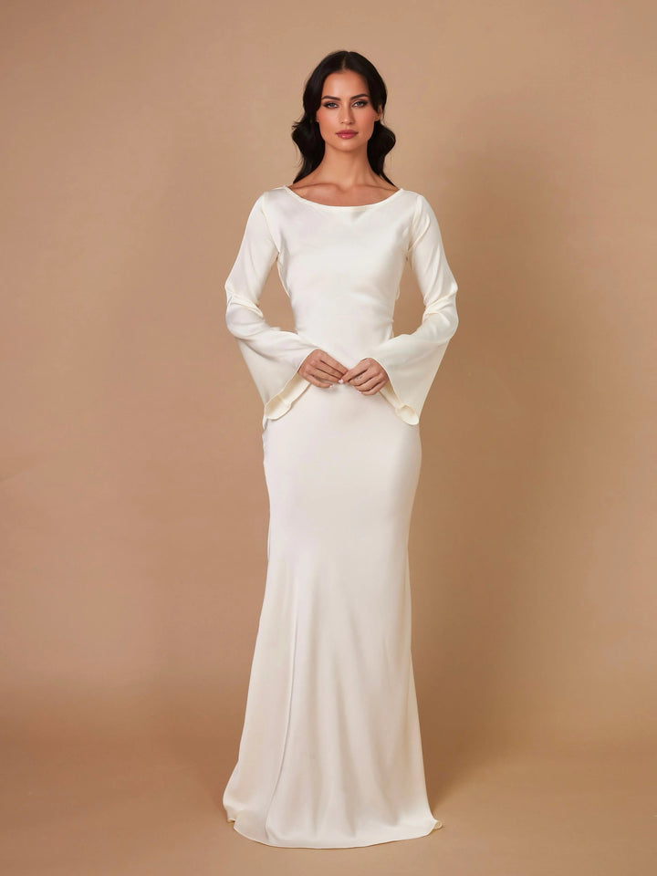 Serena | Damen Satin Langarm Maxikleid Festliches Kleid