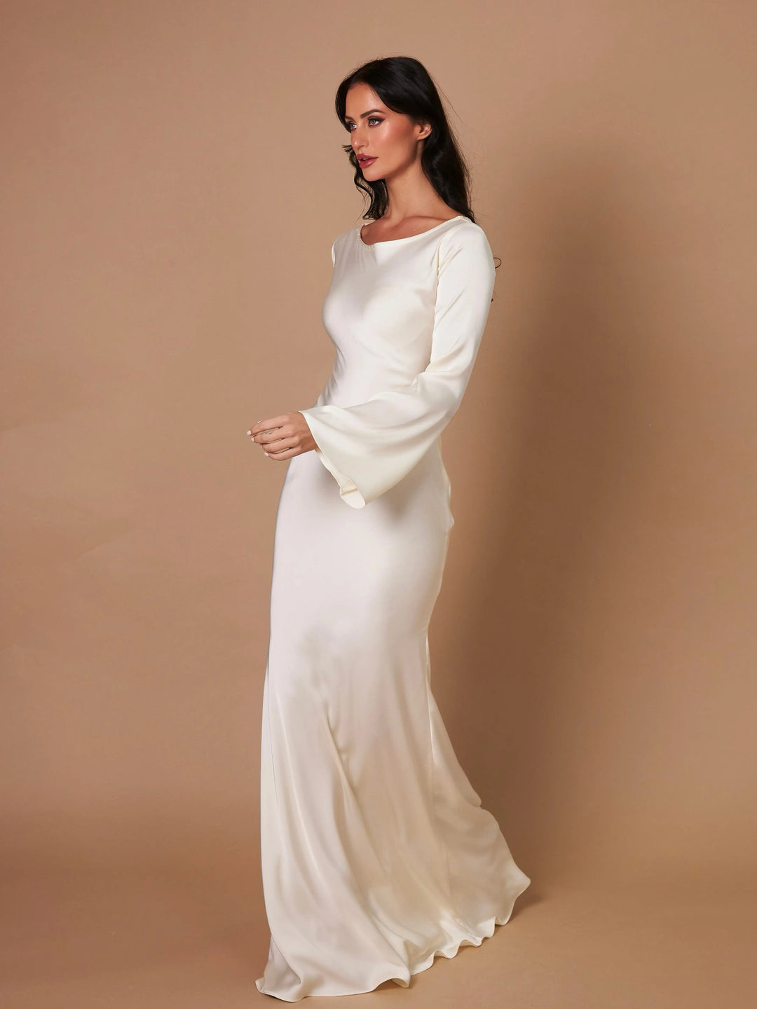 Serena | Damen Satin Langarm Maxikleid Festliches Kleid