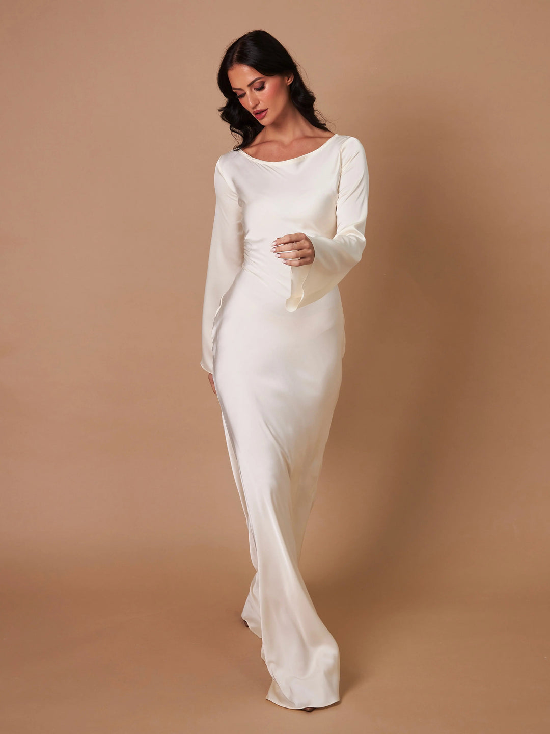 Serena | Damen Satin Langarm Maxikleid Festliches Kleid