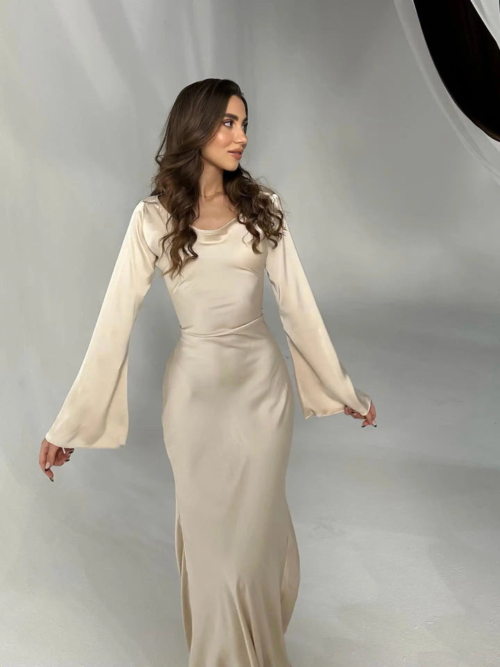 Serena | Damen Satin Langarm Maxikleid Festliches Kleid