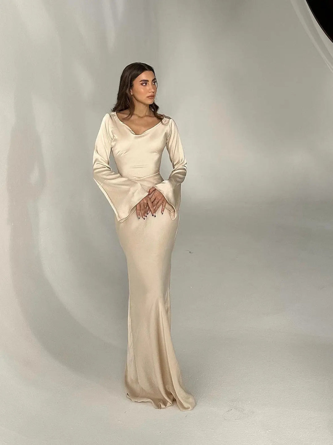 Serena | Damen Satin Langarm Maxikleid Festliches Kleid