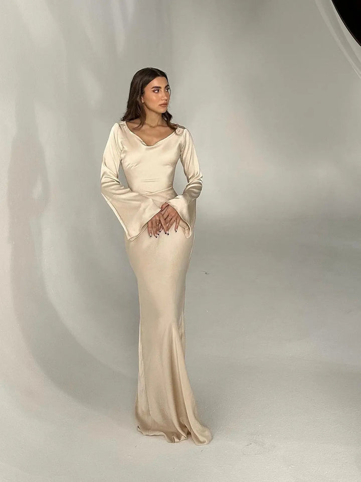 Serena | Damen Satin Langarm Maxikleid Festliches Kleid