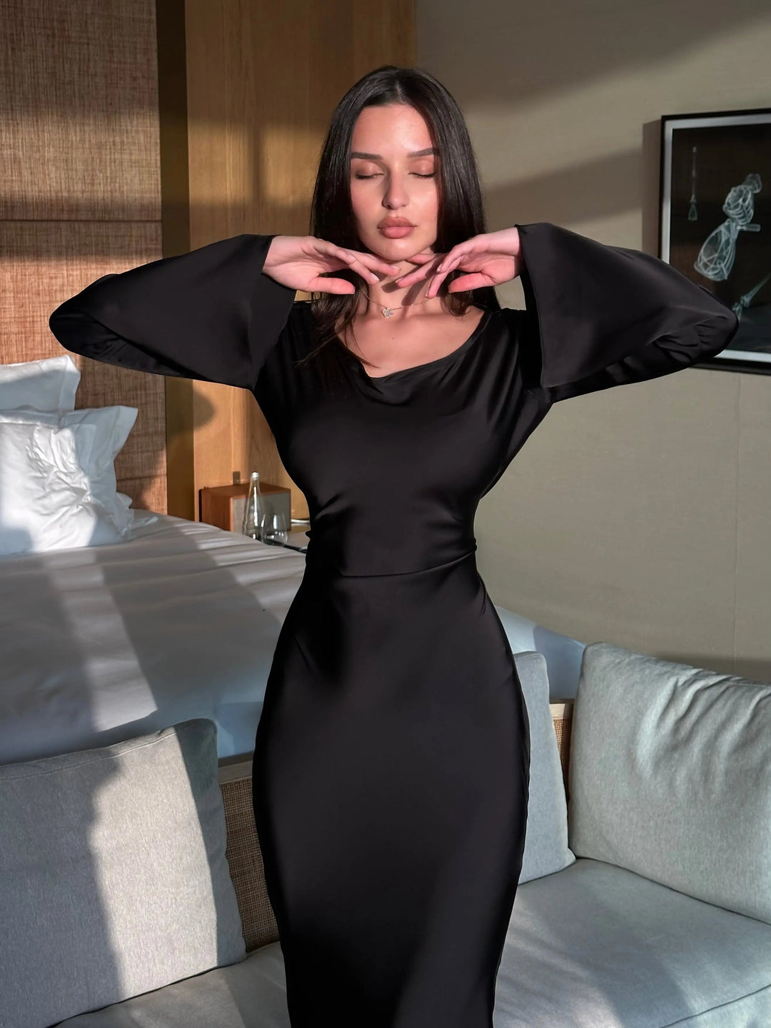 Serena | Damen Satin Langarm Maxikleid Festliches Kleid