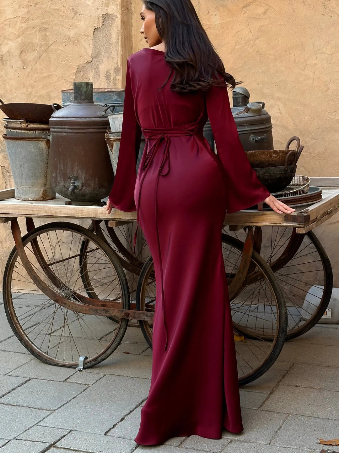 Serena | Damen Satin Langarm Maxikleid Festliches Kleid