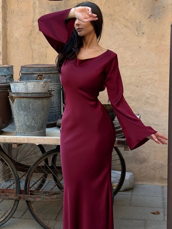 Serena | Damen Satin Langarm Maxikleid Festliches Kleid
