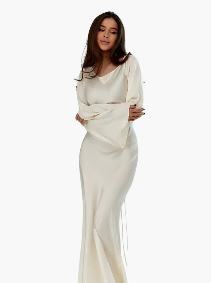Serena | Damen Satin Langarm Maxikleid Festliches Kleid