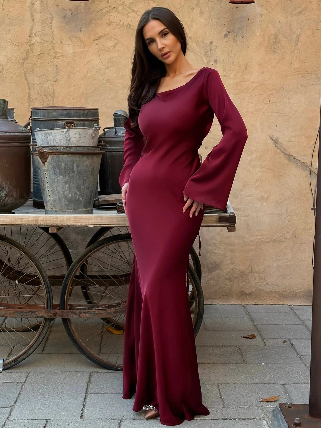 Serena | Damen Satin Langarm Maxikleid Festliches Kleid