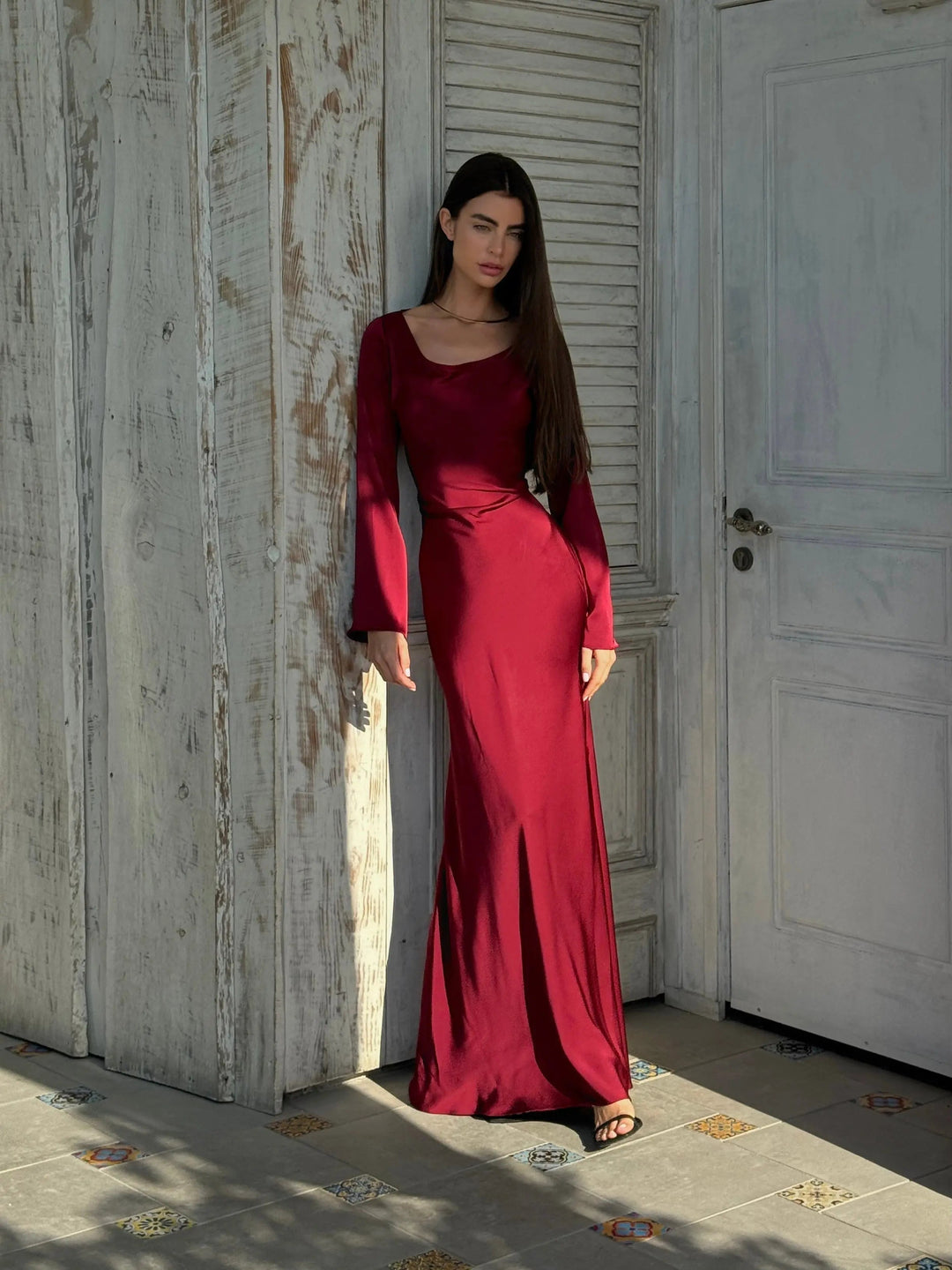 Serena | Damen Satin Langarm Maxikleid Festliches Kleid