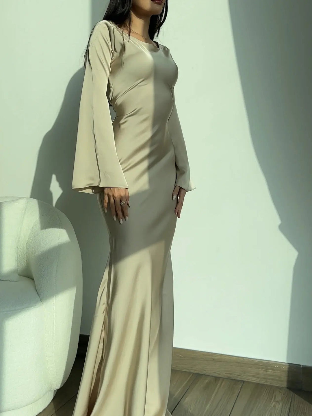 Serena | Damen Satin Langarm Maxikleid Festliches Kleid