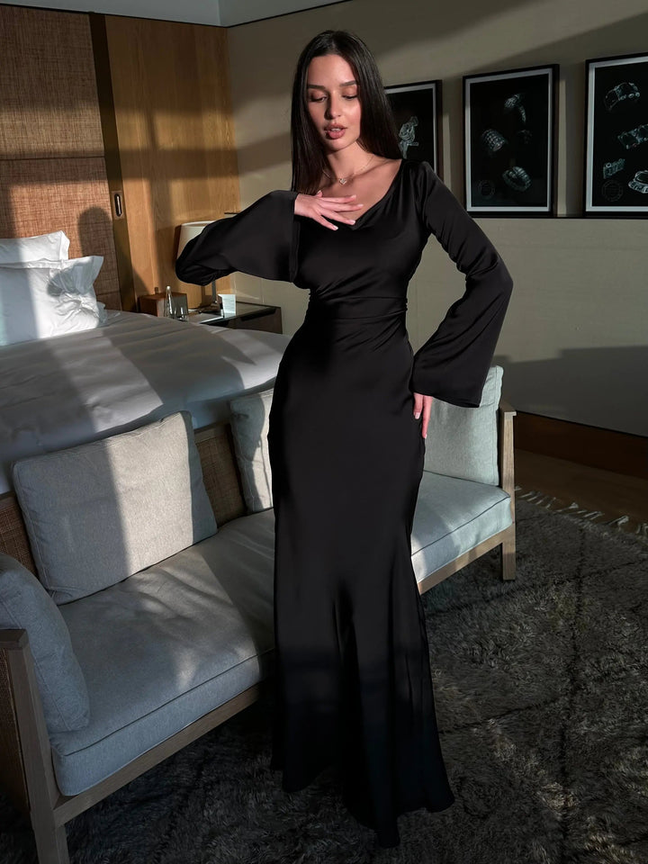 Serena | Damen Satin Langarm Maxikleid Festliches Kleid