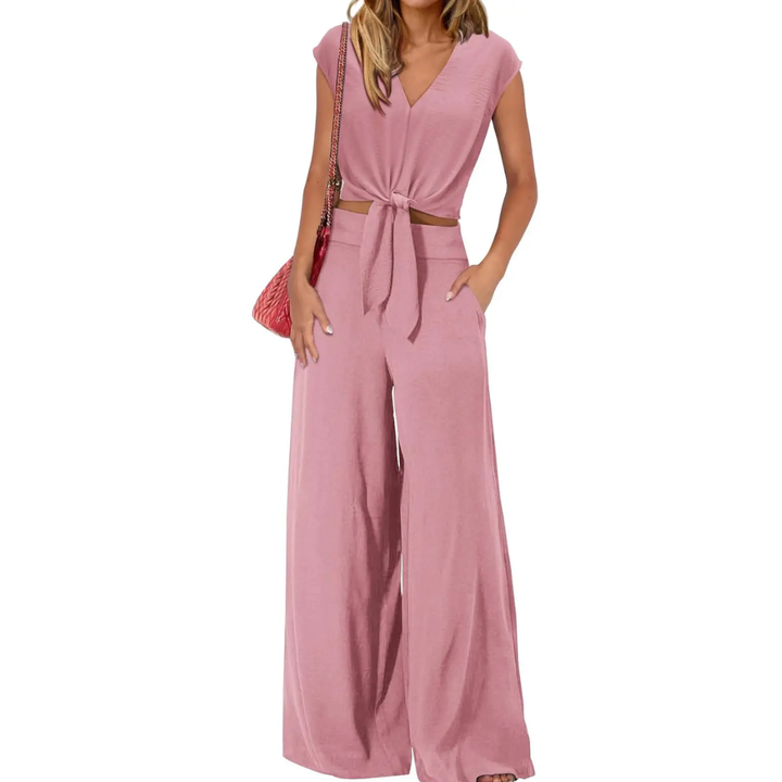 Michelle - V-Ausschnitt Crop Top mit Knoten vorne und weiten Hosen Set