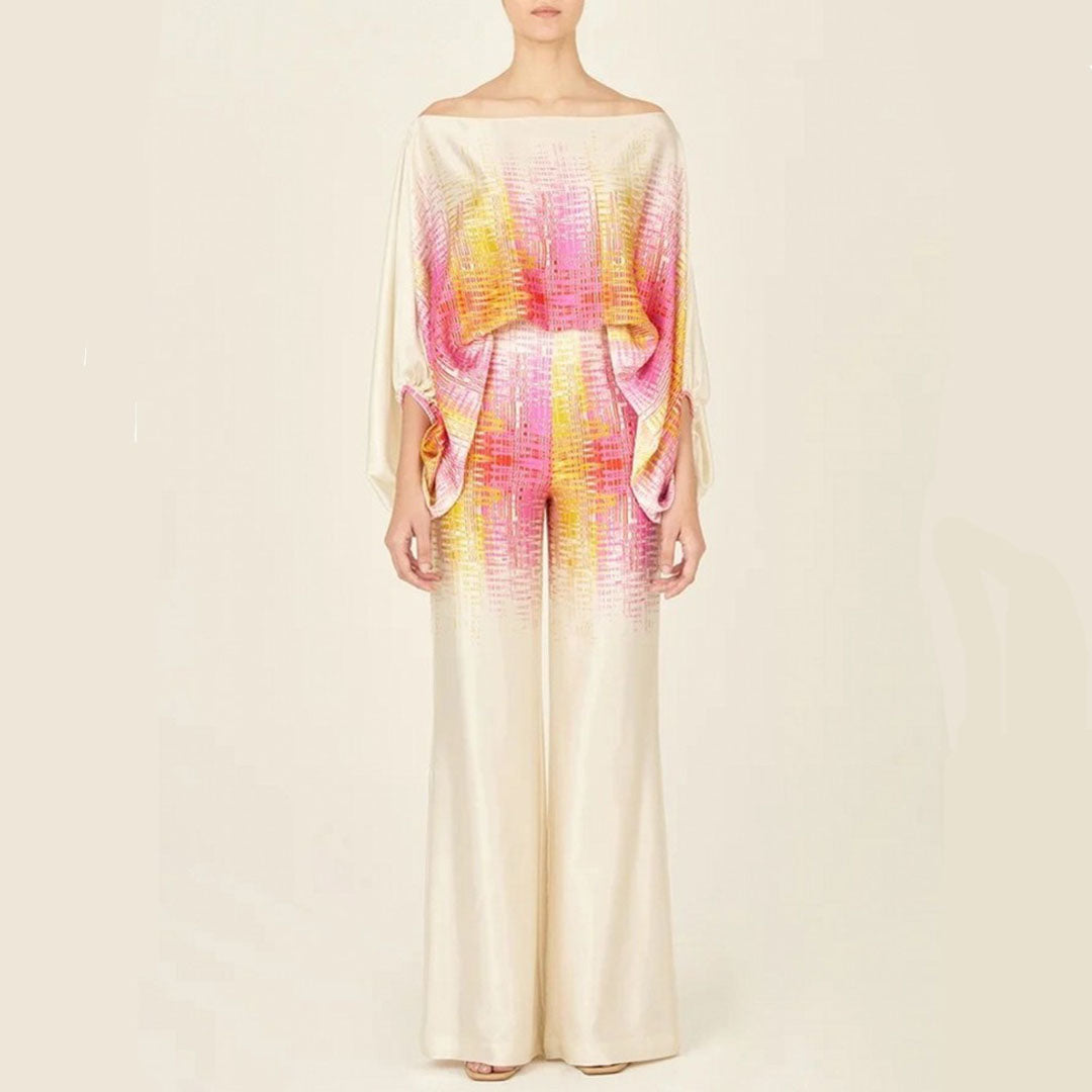 Emma - Wellenmuster Satin Ein-Schulter Top & Weite Hosen Set