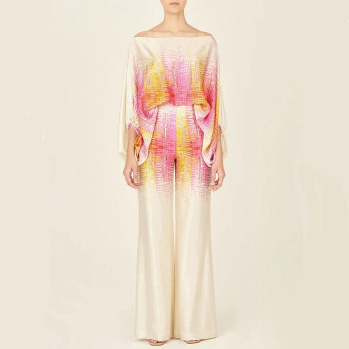 Emma - Wellenmuster Satin Ein-Schulter Top & Weite Hosen Set