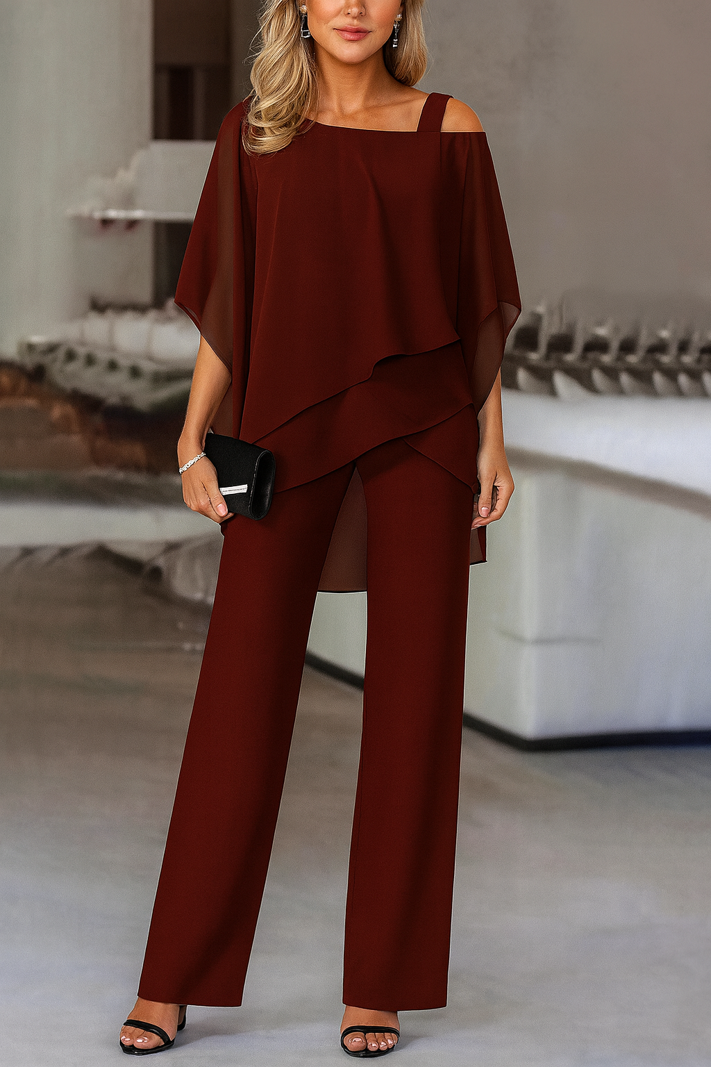 Pamela - Chiffon Oberteil mit kalten Schultern und weiten Hosen