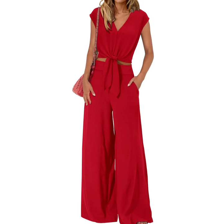 Michelle - V-Ausschnitt Crop Top mit Knoten vorne und weiten Hosen Set
