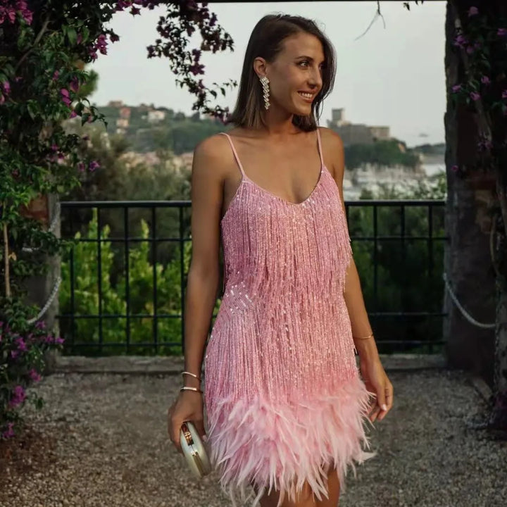 Damen Cocktailkleid mit Fransen und Federn