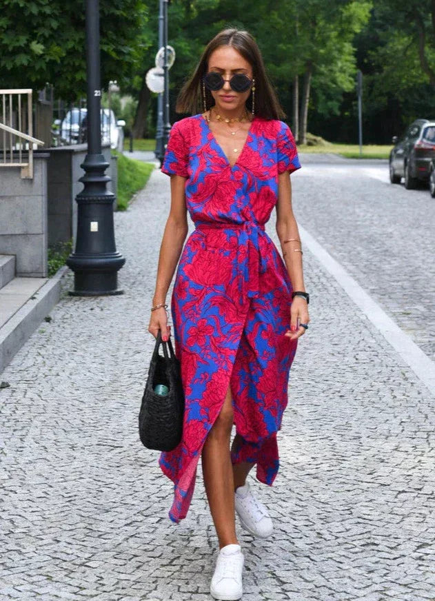 MALOU - Floral Print Kurzarm Wickel Maxi Kleid mit Bindegürtel