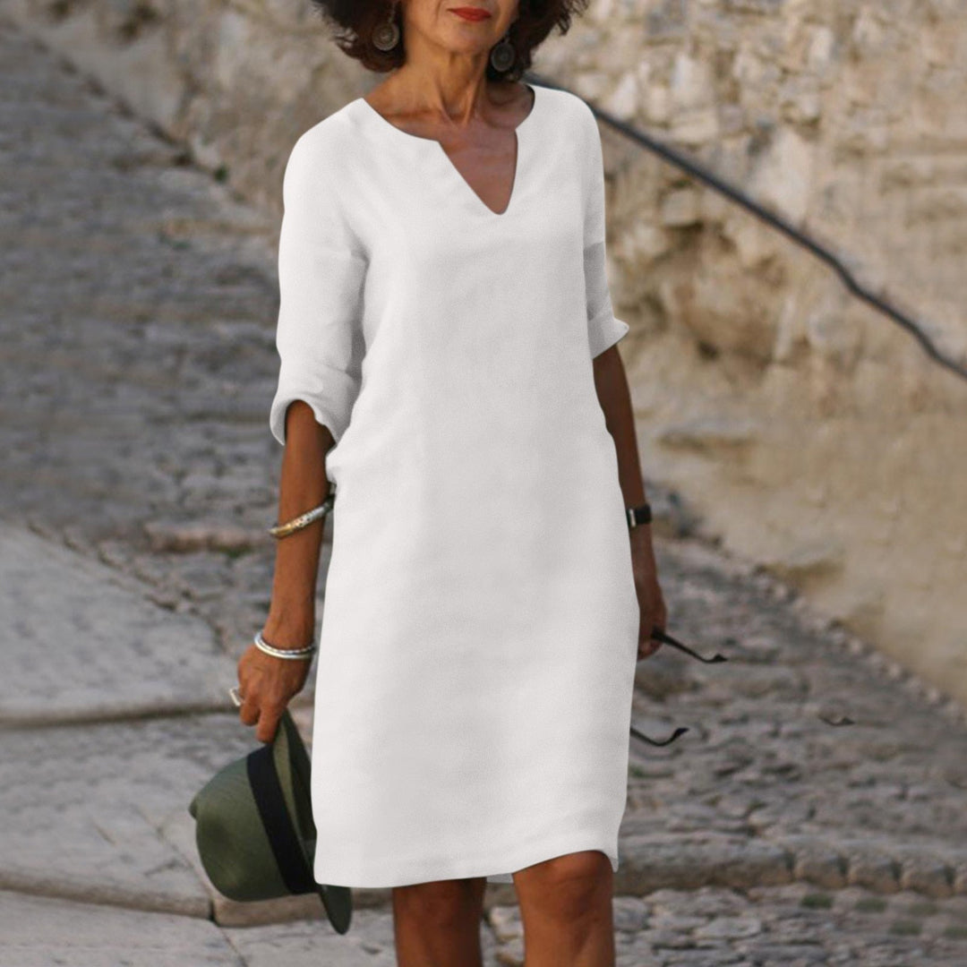 Jessica - Damen Leinen Kleid mit 3/4-Ärmeln und V-Ausschnitt