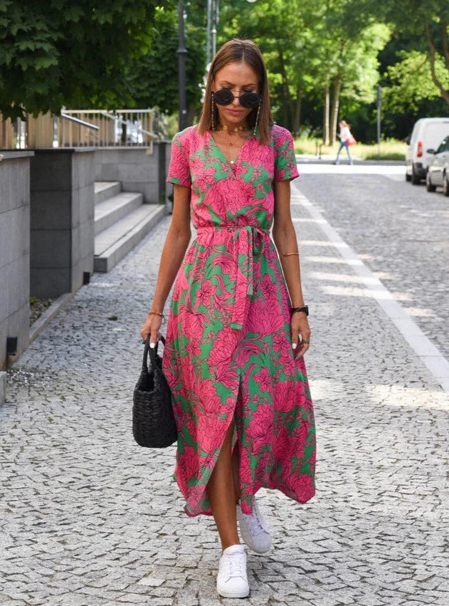 MALOU - Floral Print Kurzarm Wickel Maxi Kleid mit Bindegürtel