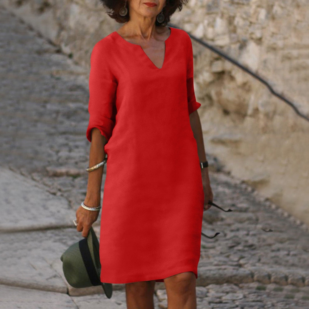 Jessica - Damen Leinen Kleid mit 3/4-Ärmeln und V-Ausschnitt
