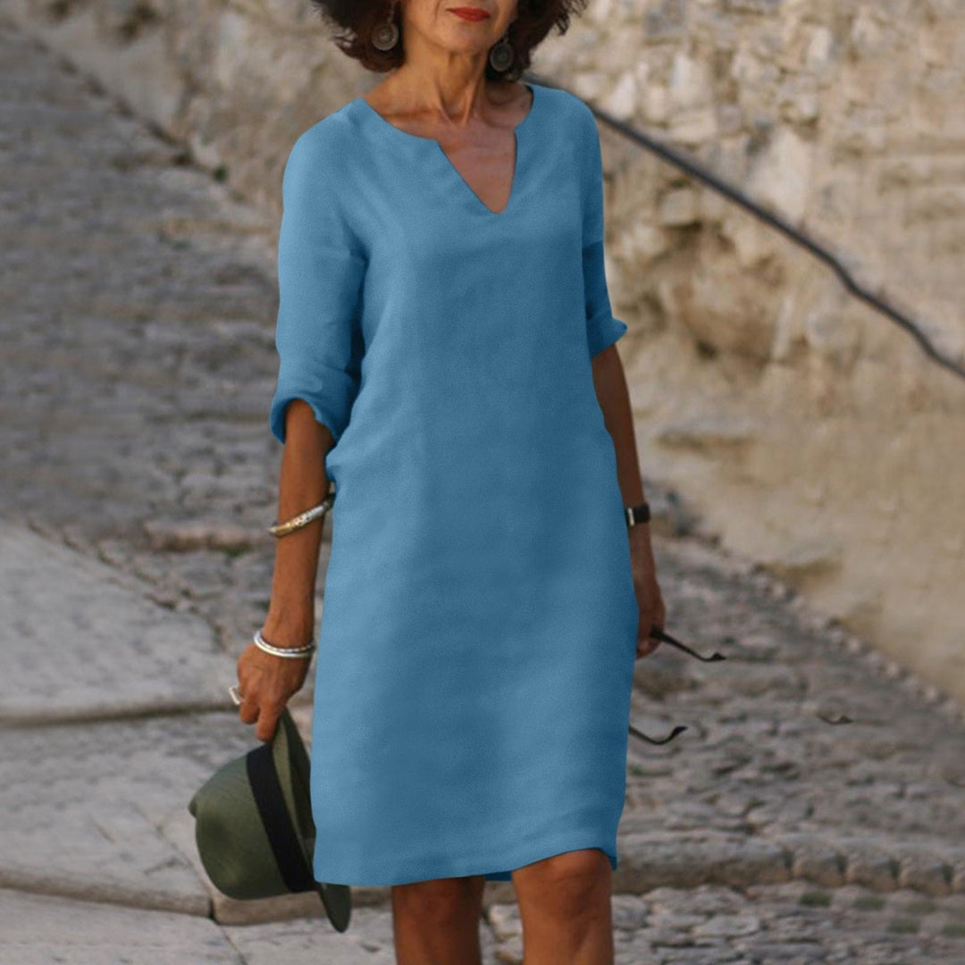 Jessica - Damen Leinen Kleid mit 3/4-Ärmeln und V-Ausschnitt