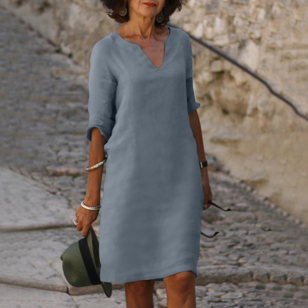 Jessica - Damen Leinen Kleid mit 3/4-Ärmeln und V-Ausschnitt