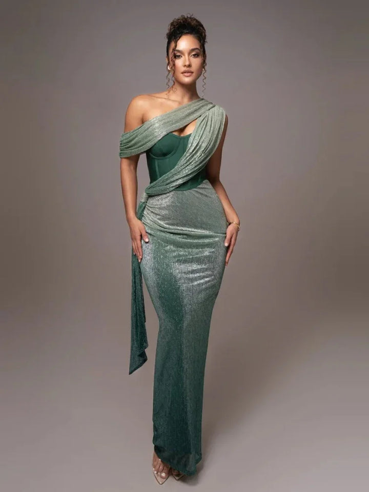 Carolyn - Damen One Shoulder Cutout Draped Bodycon Maxikleid