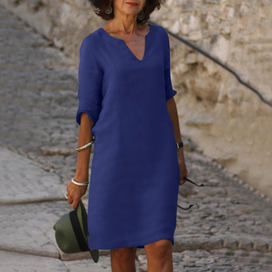 Jessica - Damen Leinen Kleid mit 3/4-Ärmeln und V-Ausschnitt
