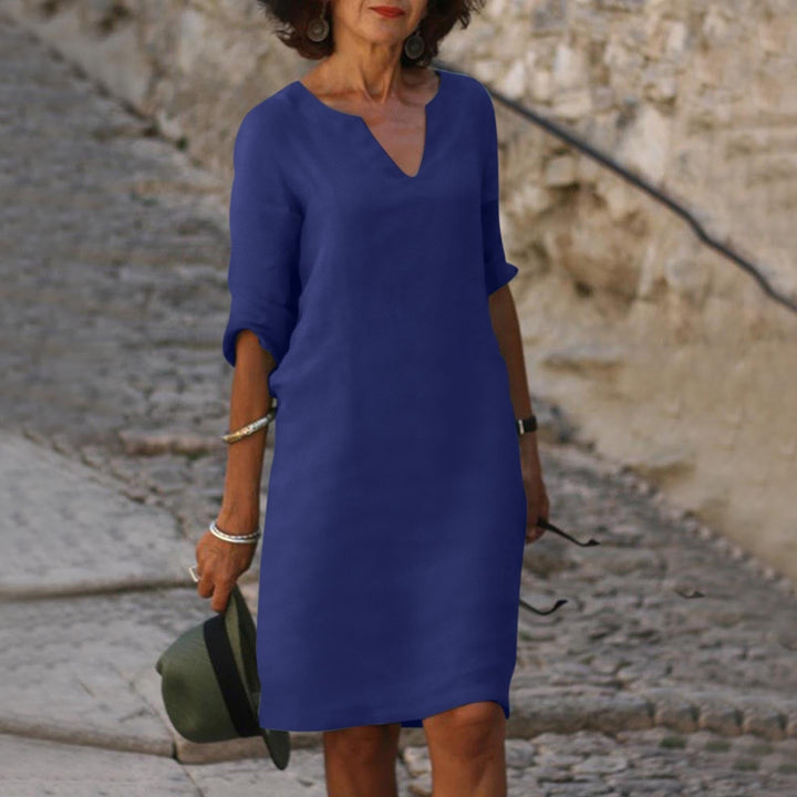 Jessica - Damen Leinen Kleid mit 3/4-Ärmeln und V-Ausschnitt