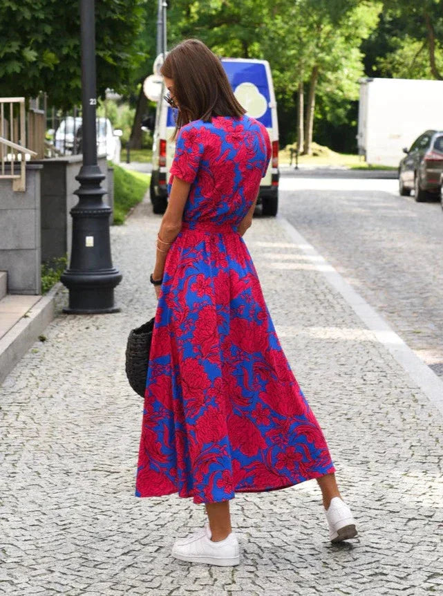 MALOU - Floral Print Kurzarm Wickel Maxi Kleid mit Bindegürtel