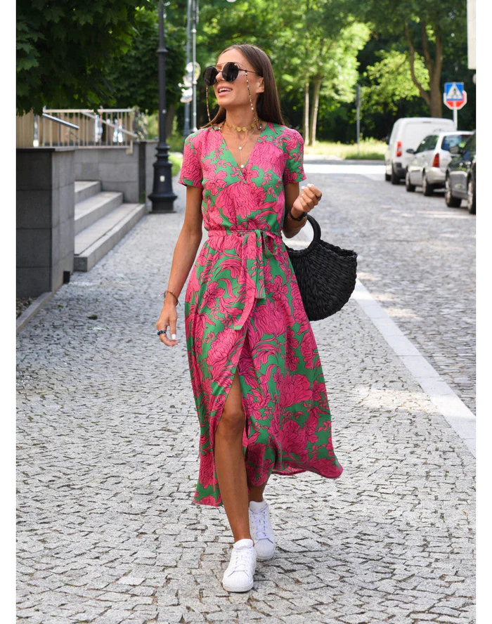MALOU - Floral Print Kurzarm Wickel Maxi Kleid mit Bindegürtel
