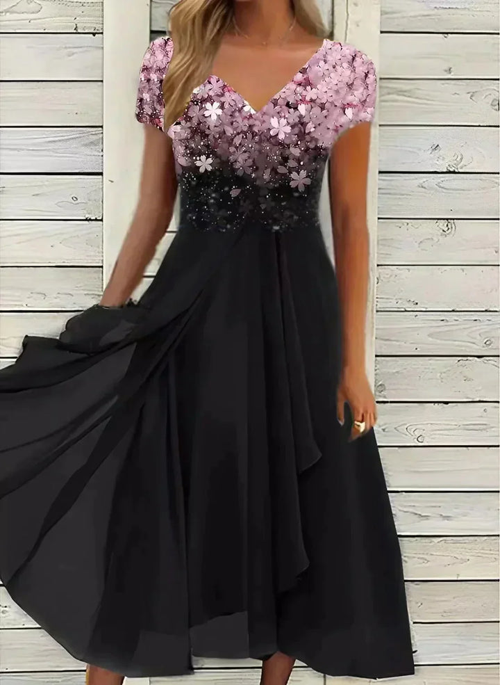 Damen Blumenkleid mit Farbverlauf und V-Ausschnitt in Midi-Länge