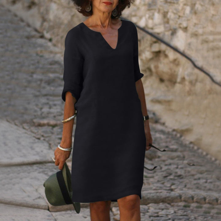 Jessica - Damen Leinen Kleid mit 3/4-Ärmeln und V-Ausschnitt