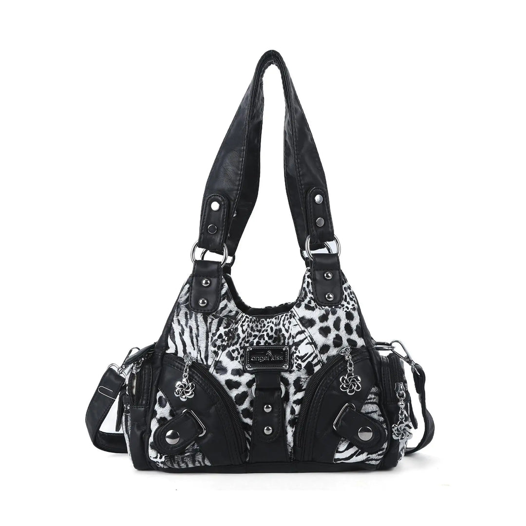 Schultertasche mit Tierdruck und Silberner Hardware | Lässig