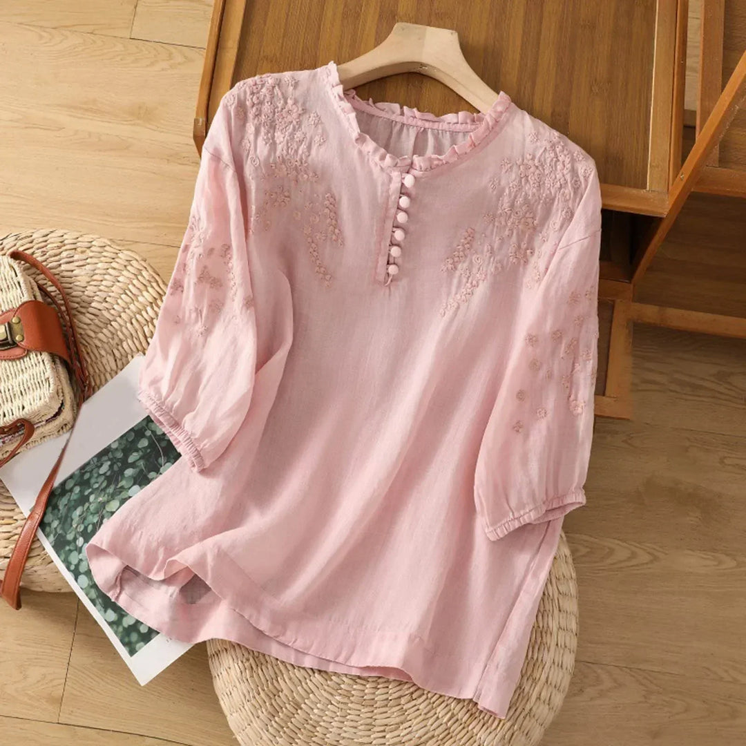 Theresa - Floral Bestickte Bluse mit Drop Shoulder aus Leinenmischung