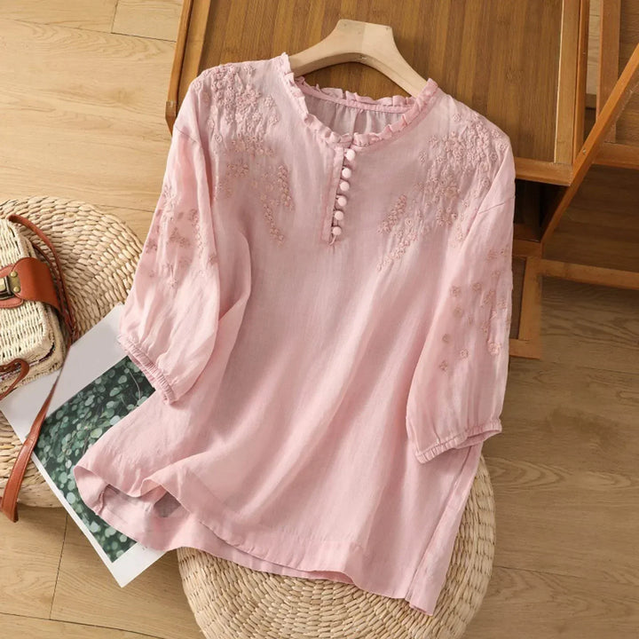 Theresa - Floral Bestickte Bluse mit Drop Shoulder aus Leinenmischung