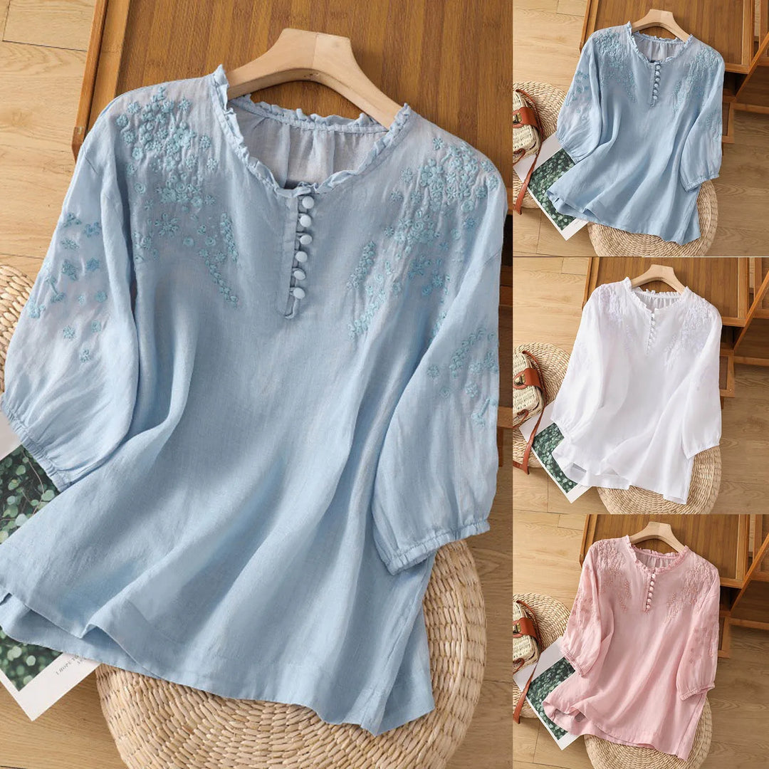 Theresa - Floral Bestickte Bluse mit Drop Shoulder aus Leinenmischung