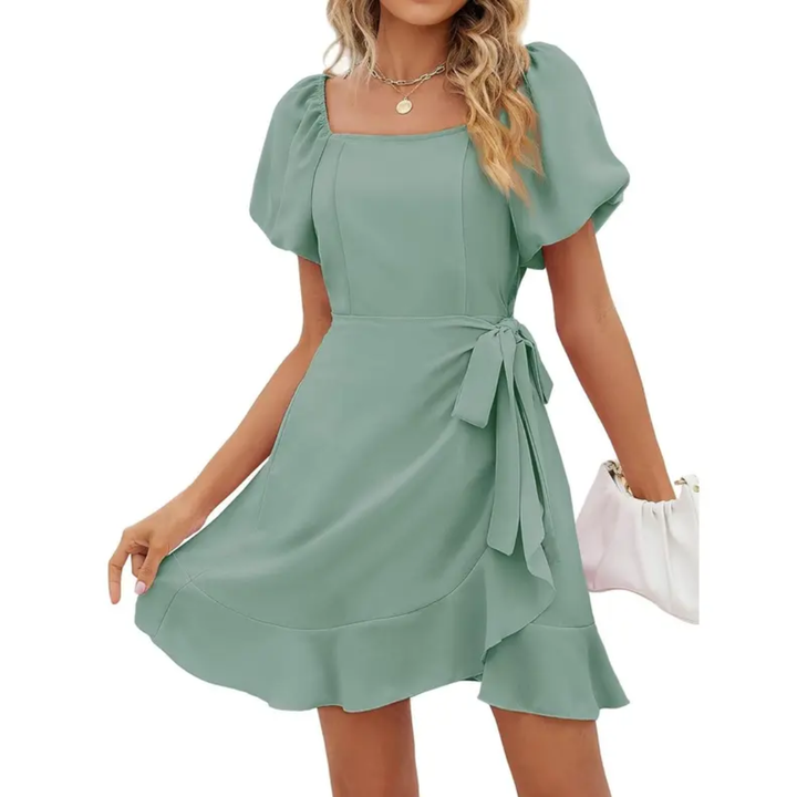 Donna - Minikleid mit quadratischem Ausschnitt, Puffärmeln und Gürtel in A-Linie