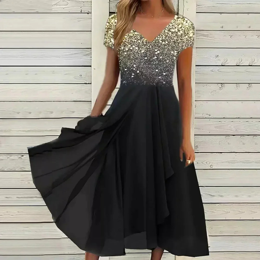 Damen Blumenkleid mit Farbverlauf und V-Ausschnitt in Midi-Länge