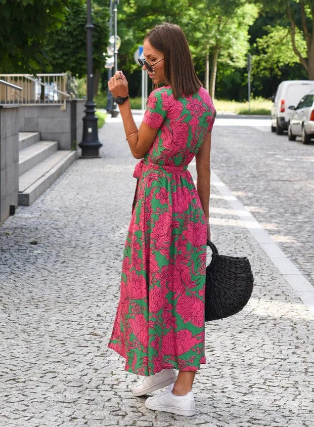 MALOU - Maxikleid mit floralem Druck und kurzen Ärmeln, mit Bindegürtel