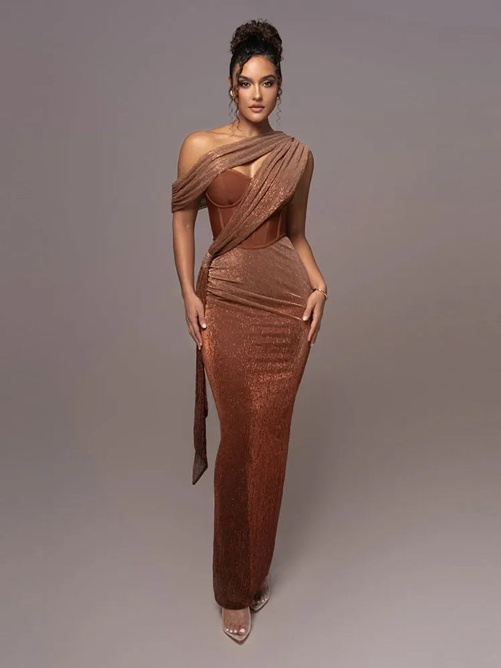 Carolyn - Damen One Shoulder Cutout Draped Bodycon Maxikleid