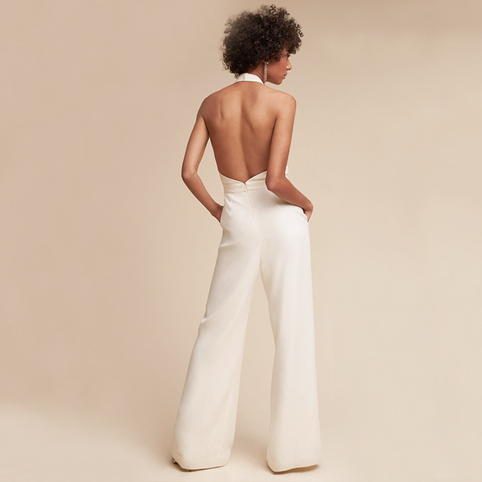 Fiona | Damen Halter Neck Weitbeiniger Jumpsuit Tiefer V-Ausschnitt Formal