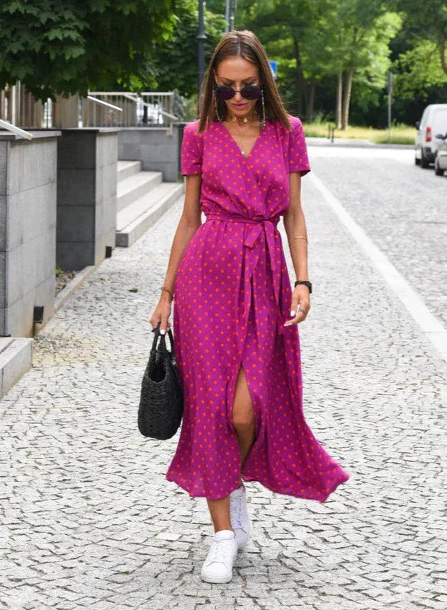 MALOU - Floral Print Kurzarm Wickel Maxi Kleid mit Bindegürtel