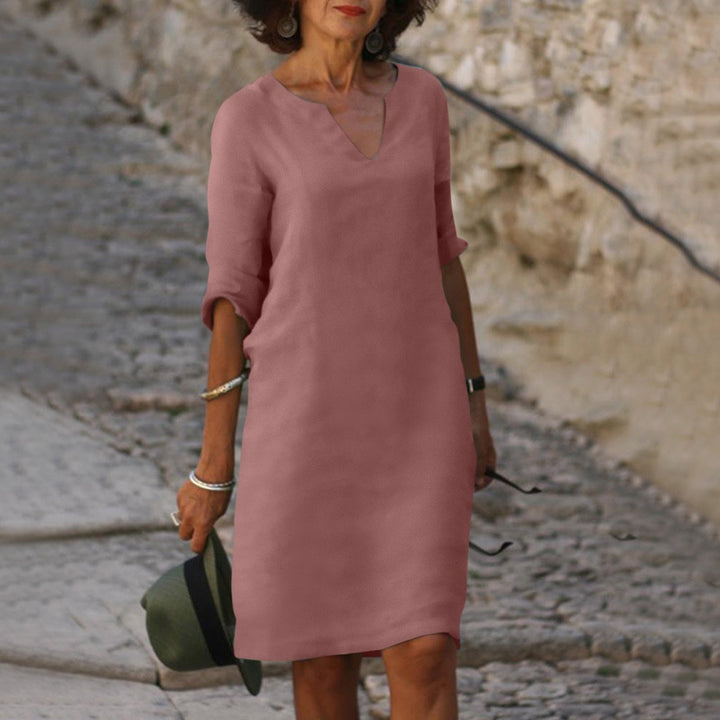 Jessica - Damen Leinen Kleid mit 3/4-Ärmeln und V-Ausschnitt