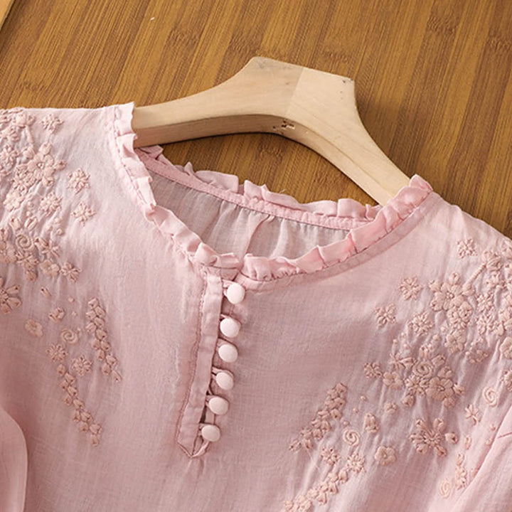 Theresa - Floral Bestickte Bluse mit Drop Shoulder aus Leinenmischung