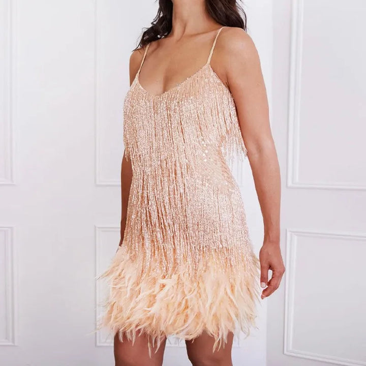 Damen Cocktailkleid mit Fransen und Federn